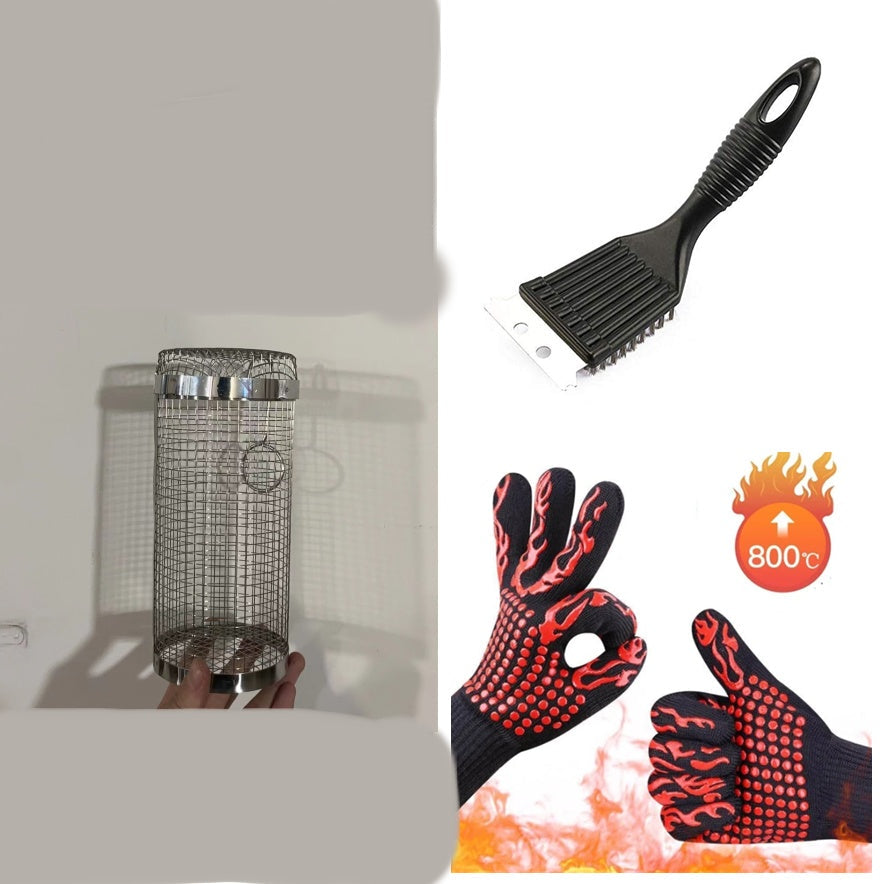 Perfecsy rolling grilling basket metal BBQ cage with handle, grill brush and heat gloves on Tampa Home & Garden Store