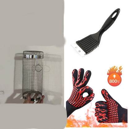 Perfecsy rolling grilling basket metal BBQ cage with handle, grill brush and heat gloves on Tampa Home & Garden Store