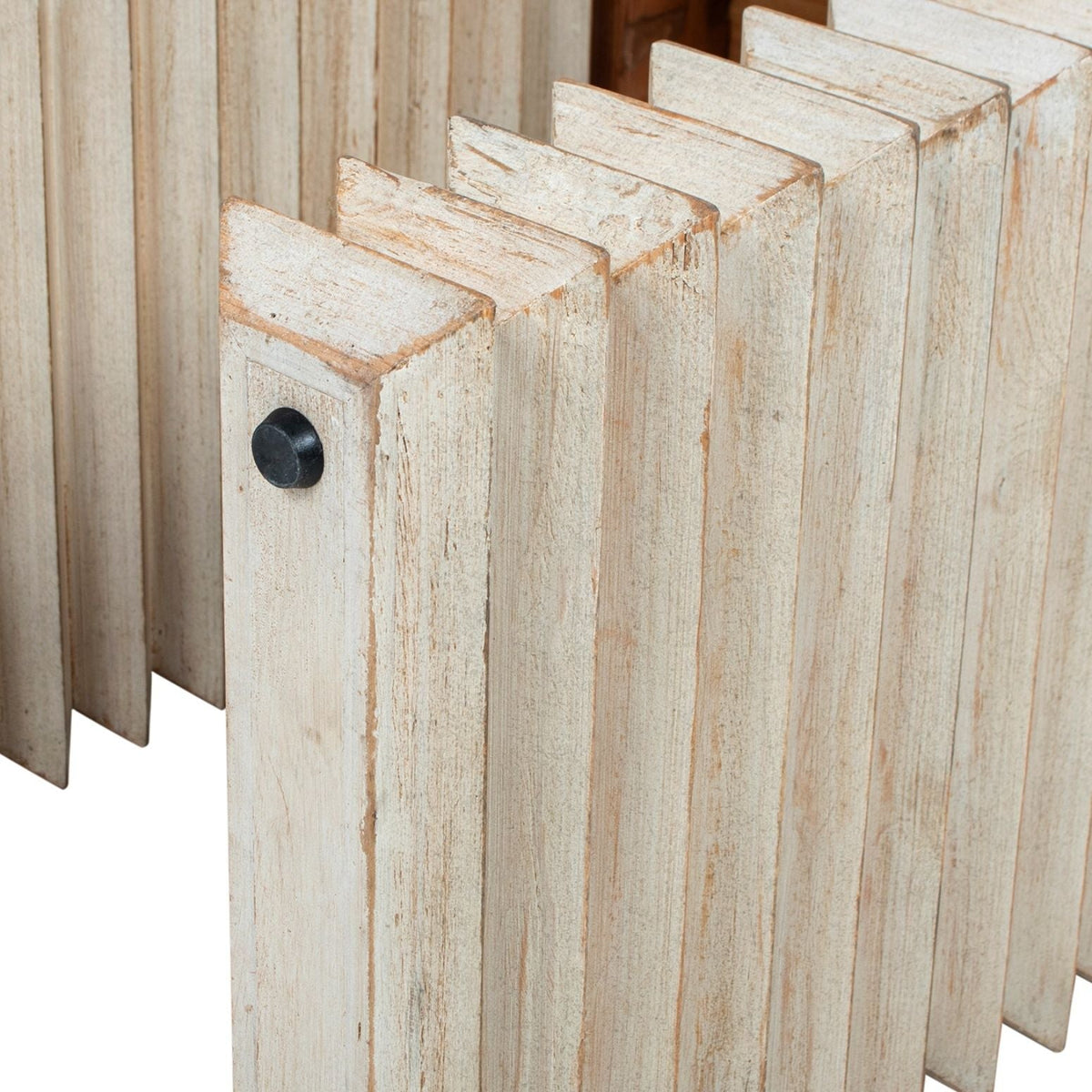 Geometric waterfall console table in whitewashed solid wood with vertical slats and black knob hardware on Tampa Home & Garden Store