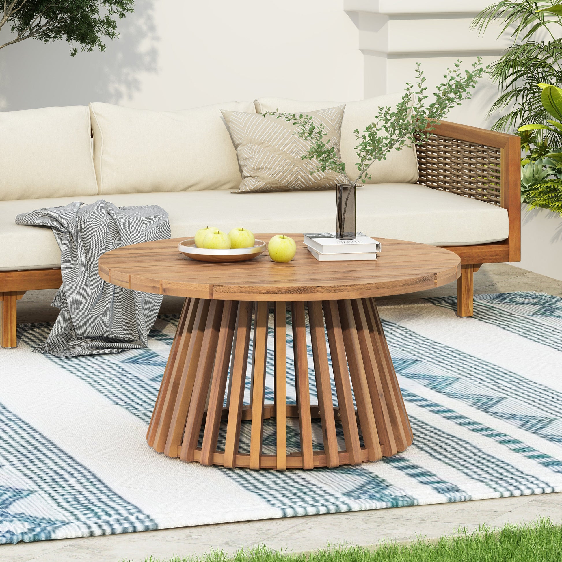 Acacia wood patio coffee table, round slatted base, outdoor furniture by HouseOfZazla on Tampa Home & Garden Store