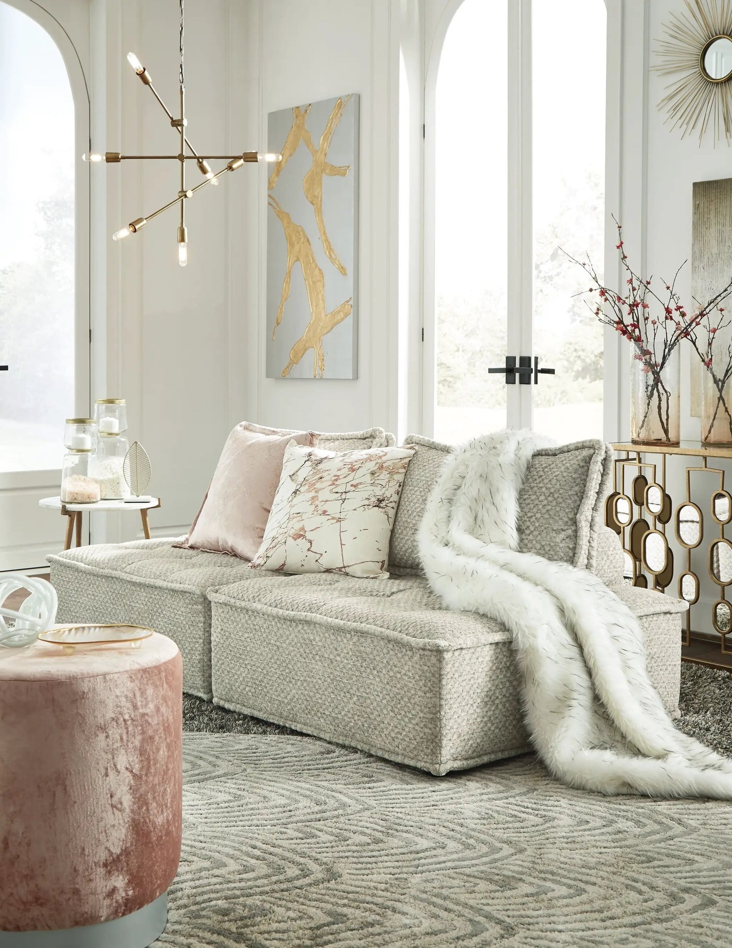 Bales Sectional stationary by Unique Piece Furniture in light gray fabric on Tampa Home & Garden Store