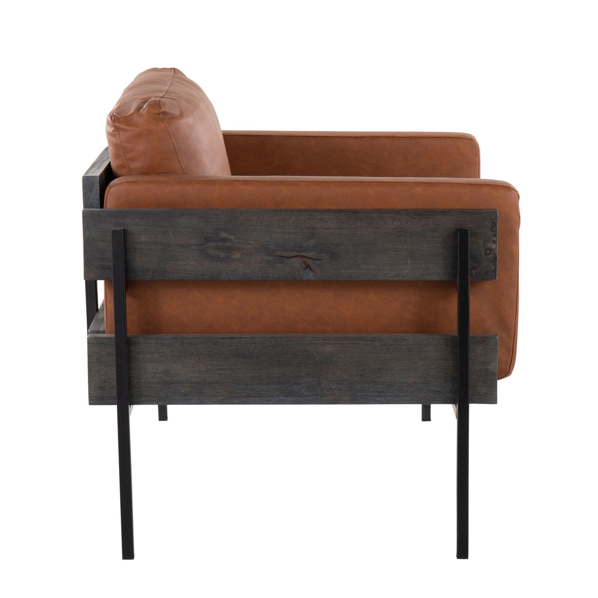 Farmhouse Kari accent chair with brown leather cushions and black metal base on dark wood frame on Tampa Home & Garden Store
