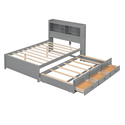Full-size gray platform bed with built-in trundle and drawers, headboard shelves and USB ports on Tampa Home & Garden Store