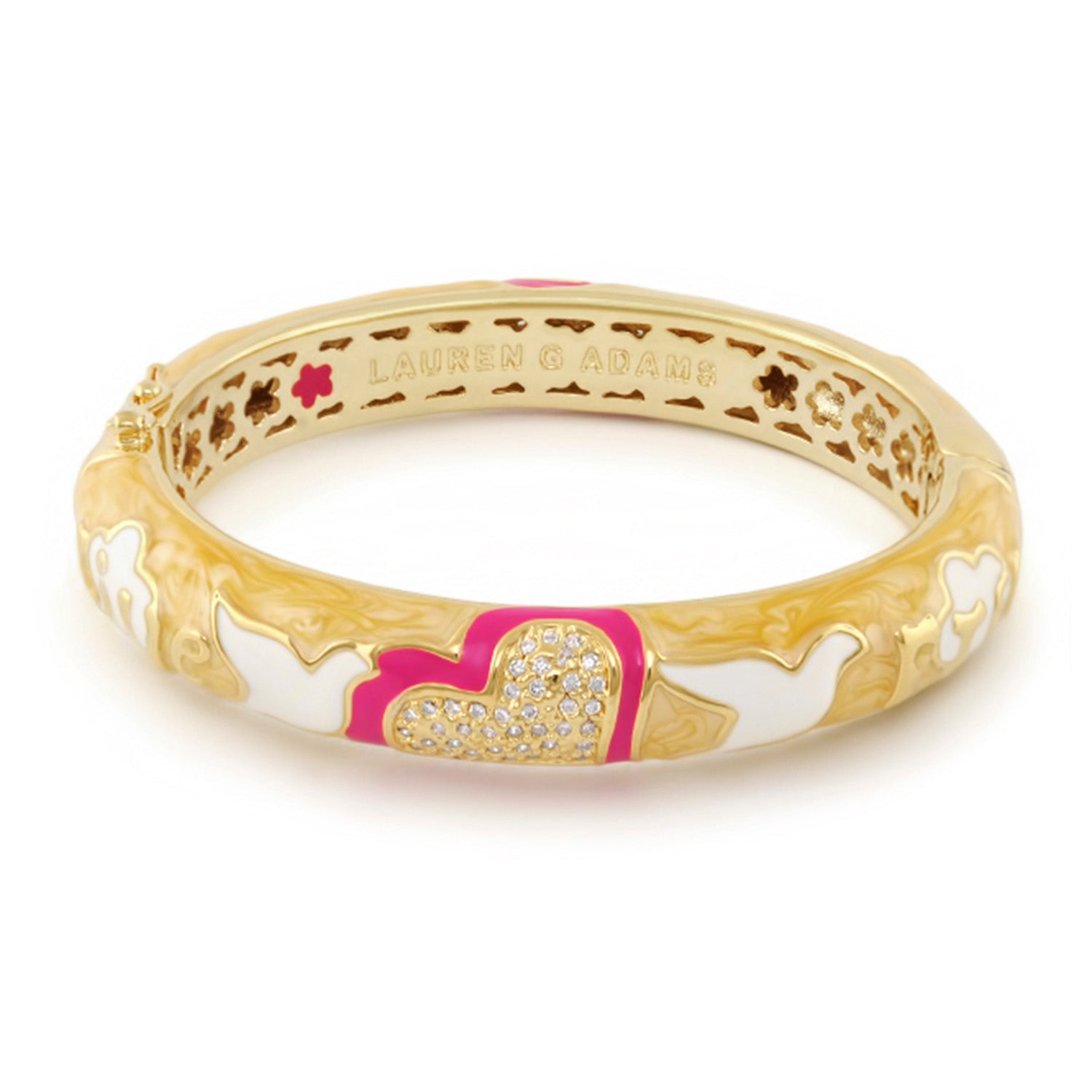 Peace and Dove bangle by Lauren G Adams in gold-tone enamel with pink heart and crystal heart on Tampa Home & Garden Store