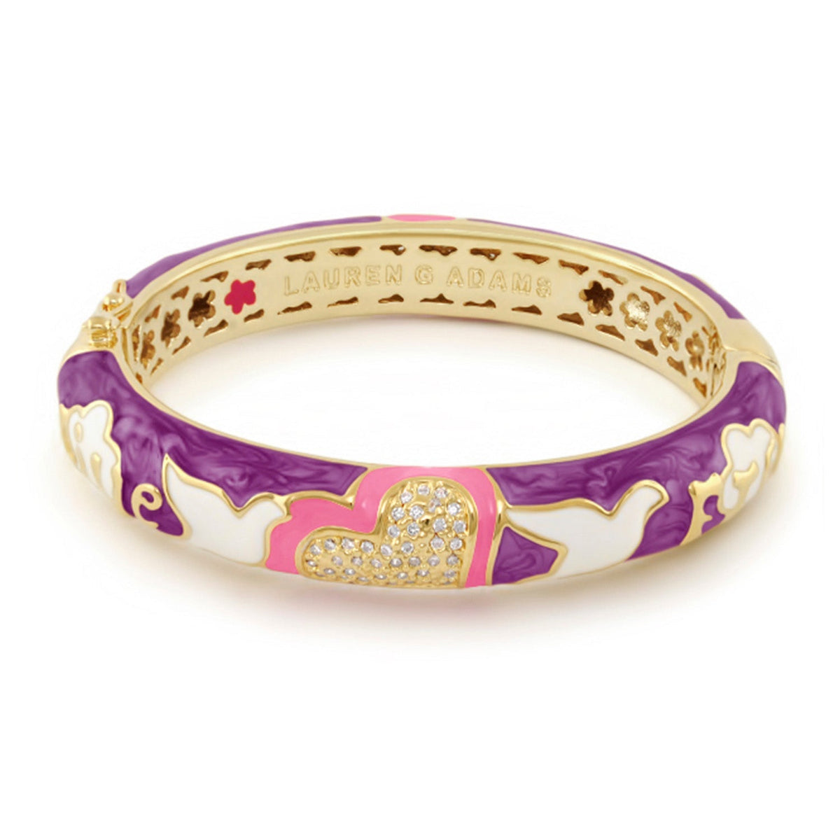Peace and Dove Bangle by Lauren G Adams, purple enamel with gold-tone, crystal heart charm on Tampa Home & Garden Store