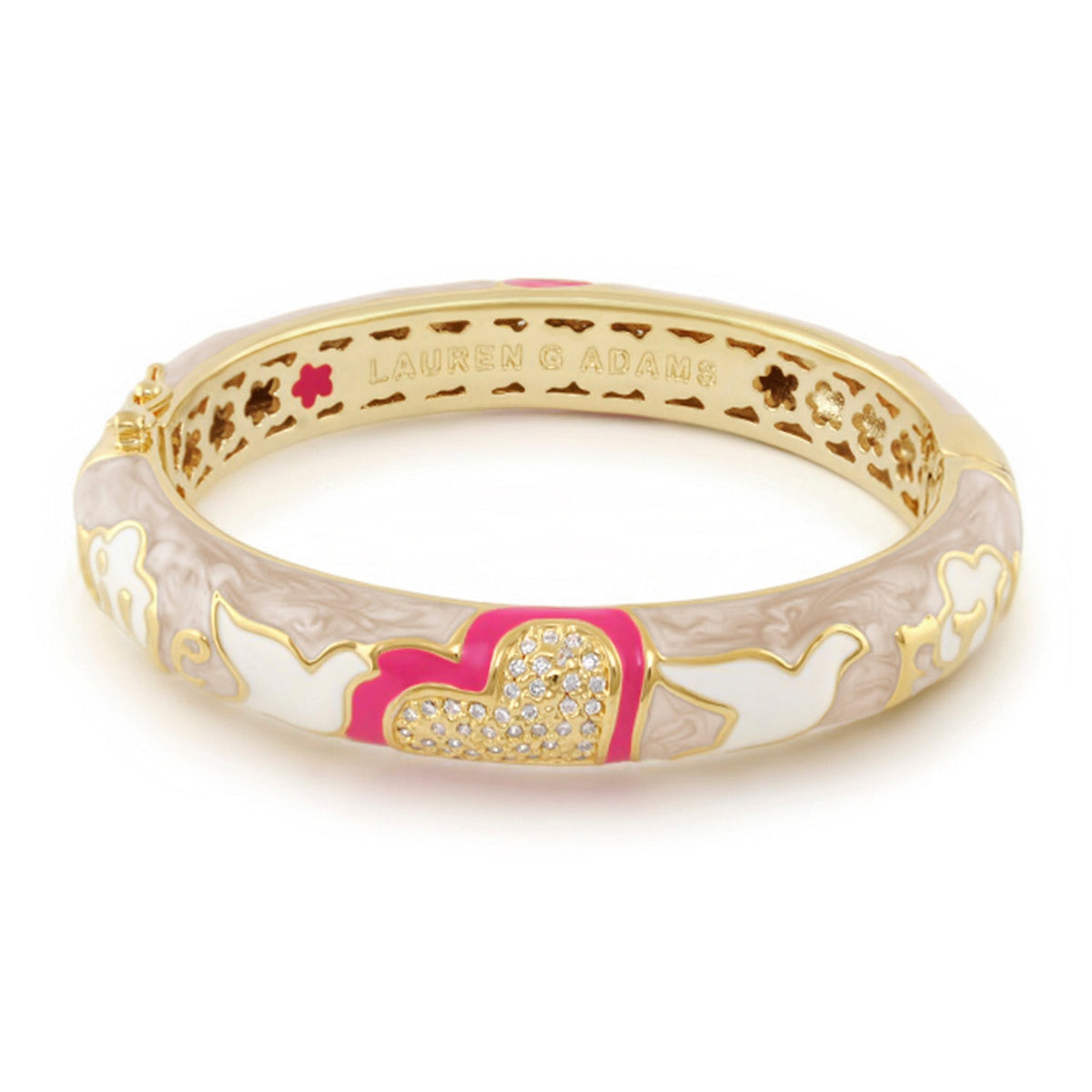 Peace and Dove Bangle by Lauren G Adams, gold-tone bracelet with pink enamel dove motif on Tampa Home & Garden Store