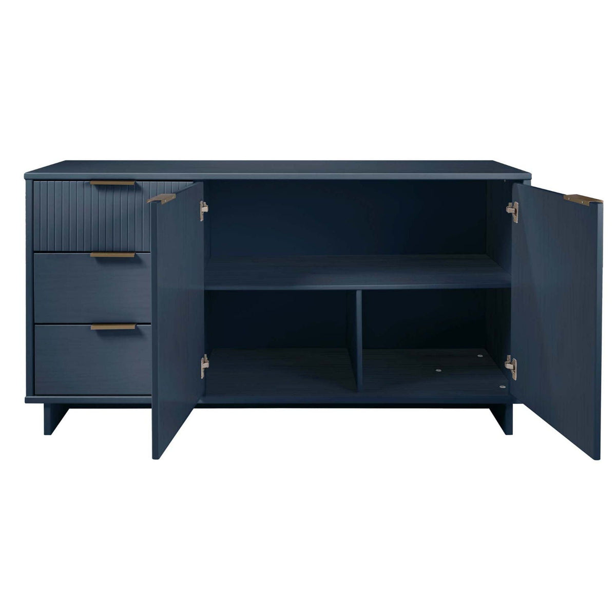 Granville sideboard navy blue with left full-extension drawers and right doors open on Tampa Home & Garden Store