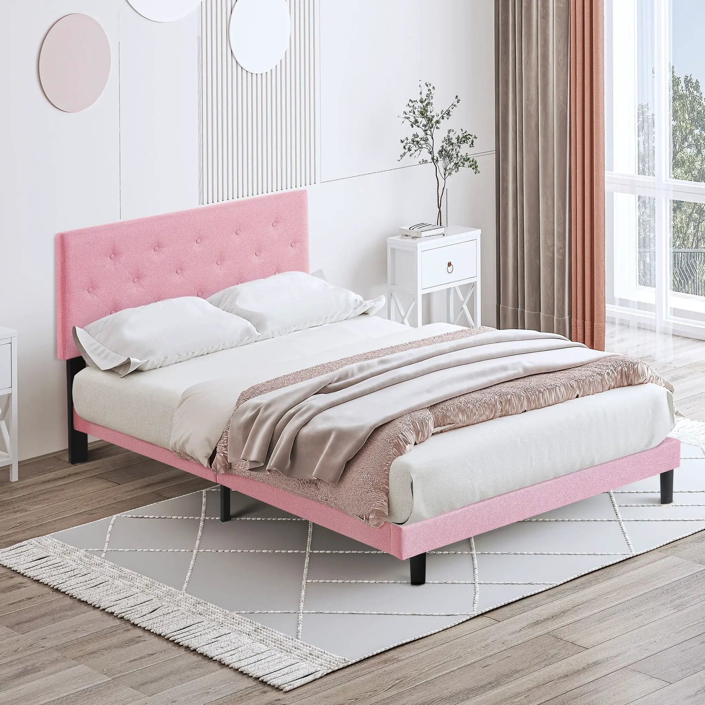 Modern Upholstered Platform Bed Tufted Headboard