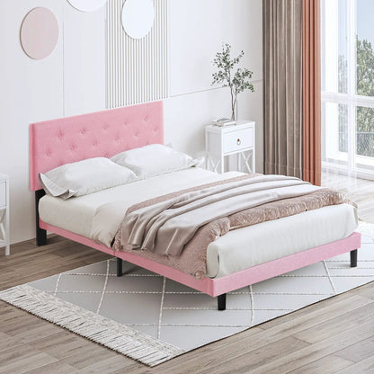 Modern Upholstered Platform Bed Tufted Headboard