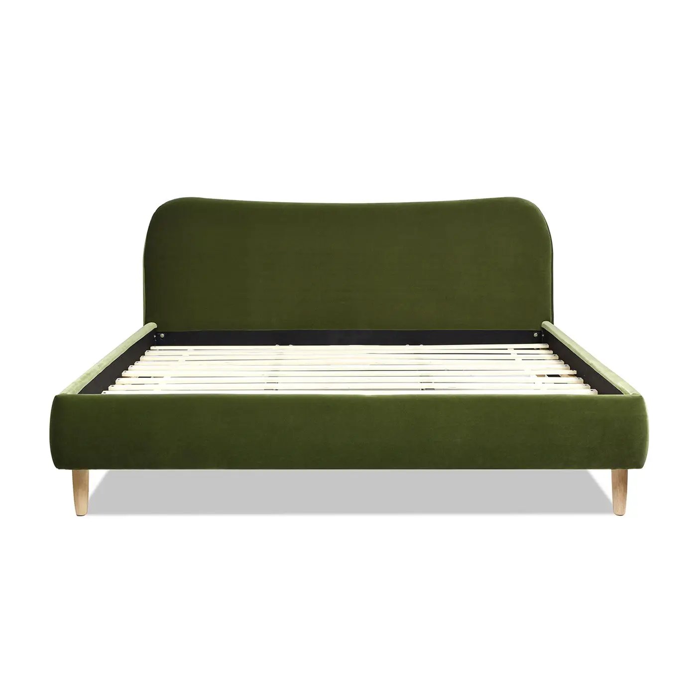 Roman Curved Headboard Upholstered Platform Bed in olive green velvet with wooden legs on Tampa Home & Garden Store