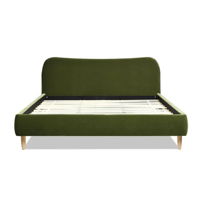 Roman Curved Headboard Upholstered Platform Bed in olive green velvet with wooden legs on Tampa Home & Garden Store
