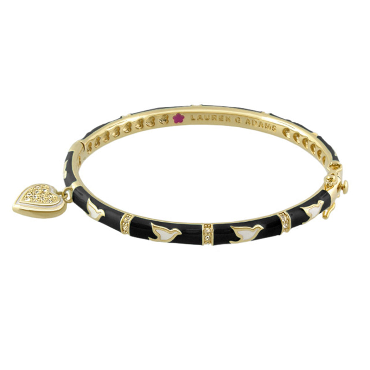 Peace and Dove Heart Bangle by Lauren G Adams, gold-tone with black enamel and dove motifs on Tampa Home & Garden Store