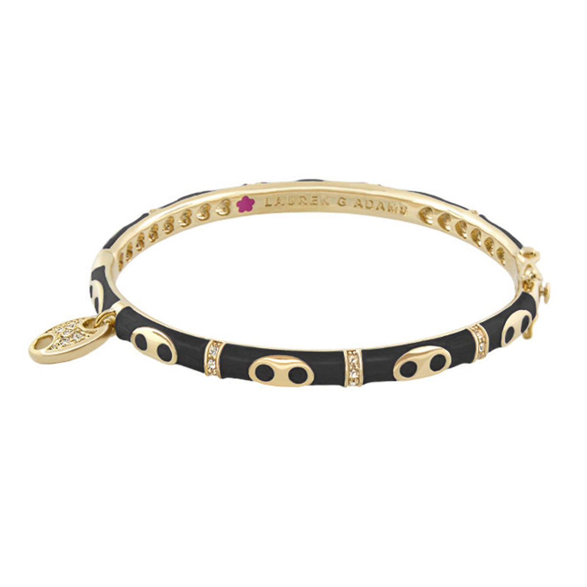 Charming 2 Link Bangle bracelet by Lauren G Adams, gold-tone with black enamel links, crystal accents and charm pendant on Tampa Home & Garden Store