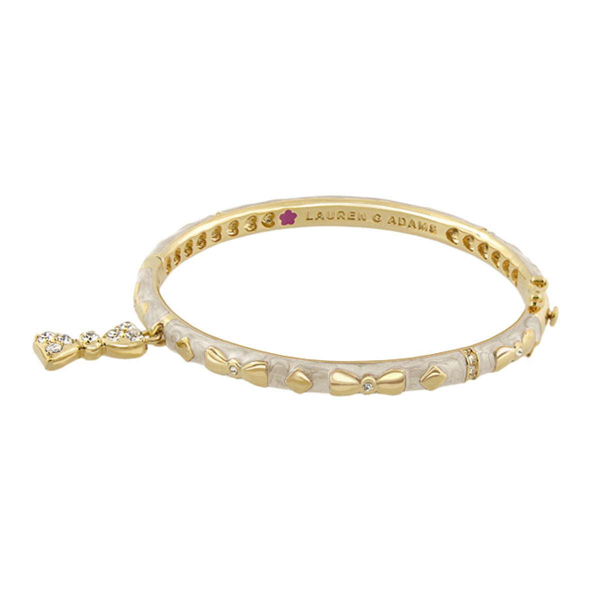 Charming 2 Bow Bangle by Lauren G Adams, gold-tone bracelet with white enamel and crystal on Tampa Home & Garden Store