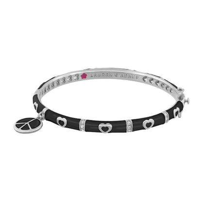 Charming 2 Peace Sign Bangle bracelet by Lauren G Adams with black band and silver hearts on Tampa Home & Garden Store