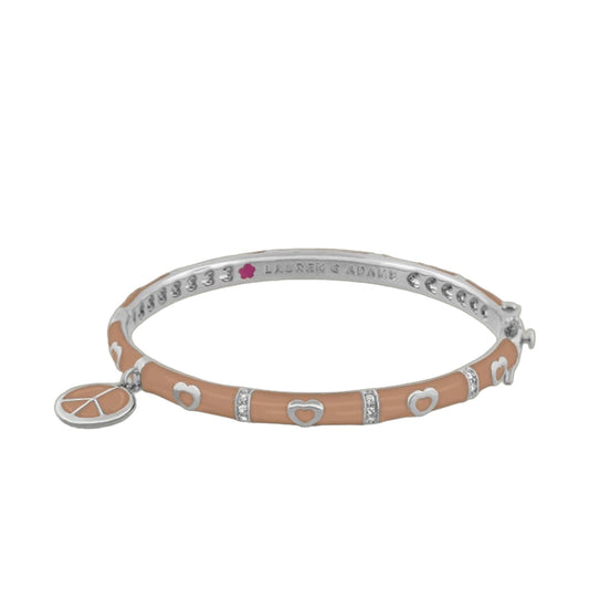 Bracelet 2 Peace Sign Bangle with tan leather, silver heart charms and crystals, Lauren G Adams on Tampa Home & Garden Store