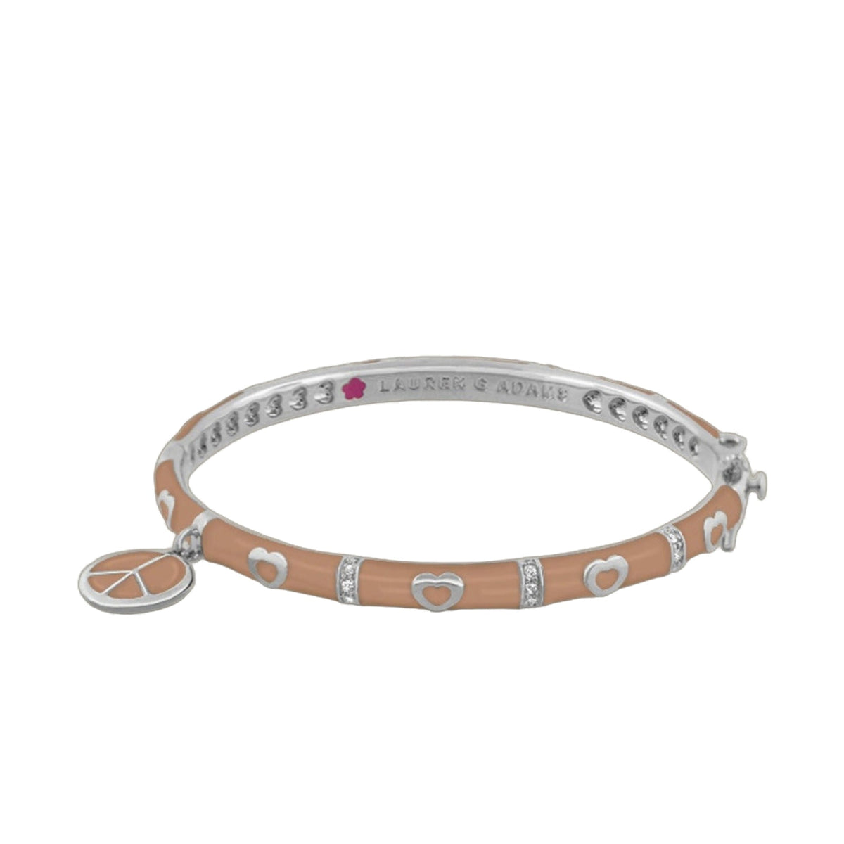 Charming 2 Peace Sign Bangle by Lauren G Adams with tan leather, silver heart charms on Tampa Home & Garden Store
