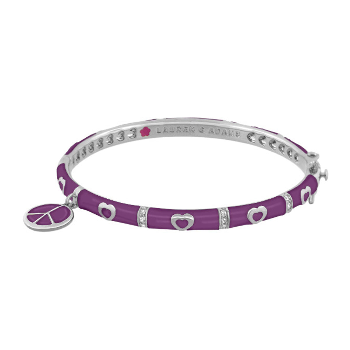 Charming 2 Peace Sign Bangle by Lauren G Adams, purple enamel bracelet with heart charms on Tampa Home & Garden Store