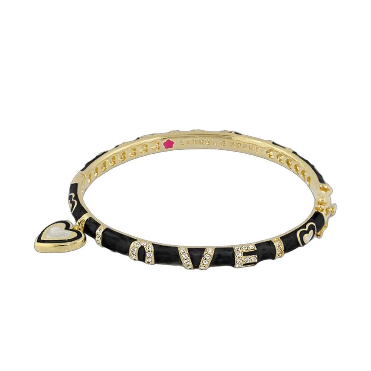 Charming 2 Love Bangle by Lauren G Adams; gold and black enamel bracelet with crystal accents and heart charm on Tampa Home & Garden Store