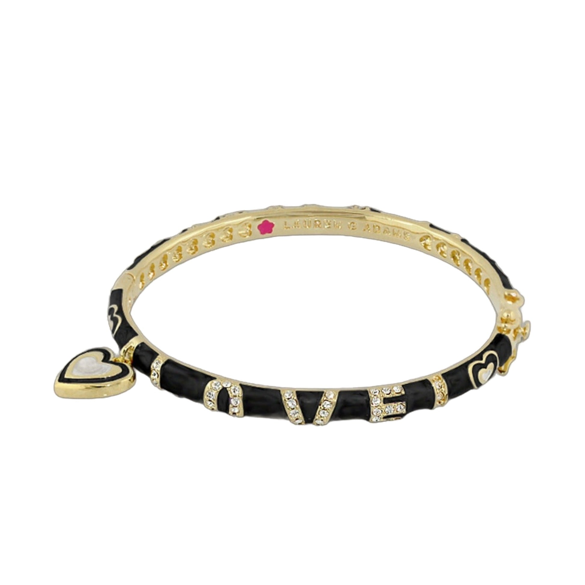 Charming 2 Love Bangle by Lauren G Adams; gold and black enamel bracelet with crystal accents and heart charm on Tampa Home & Garden Store