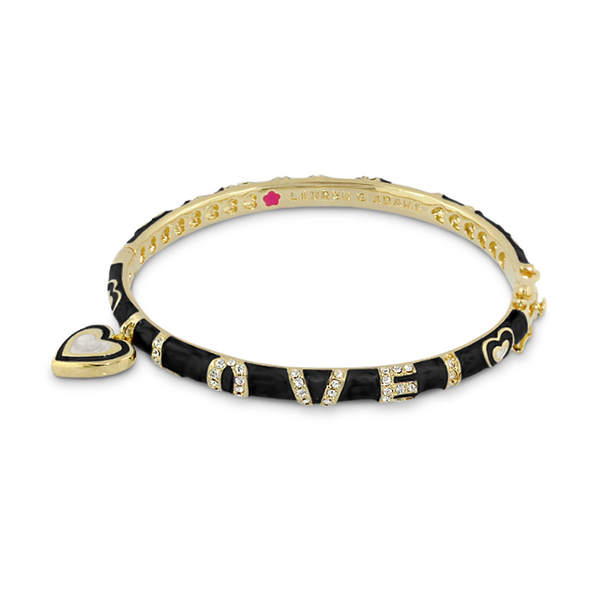 Charming 2 Love Bangle by Lauren G Adams, black enamel, crystal LOVE letters, heart charm on Tampa Home & Garden Store