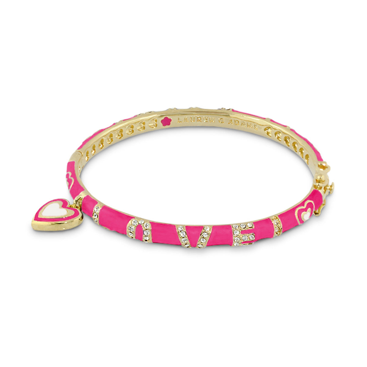 Charming 2 Love Bangle pink silicone bracelet with gold-tone LOVE letters encrusted with rhinestones and a heart charm by Lauren G Adams on Tampa Home & Garden Store