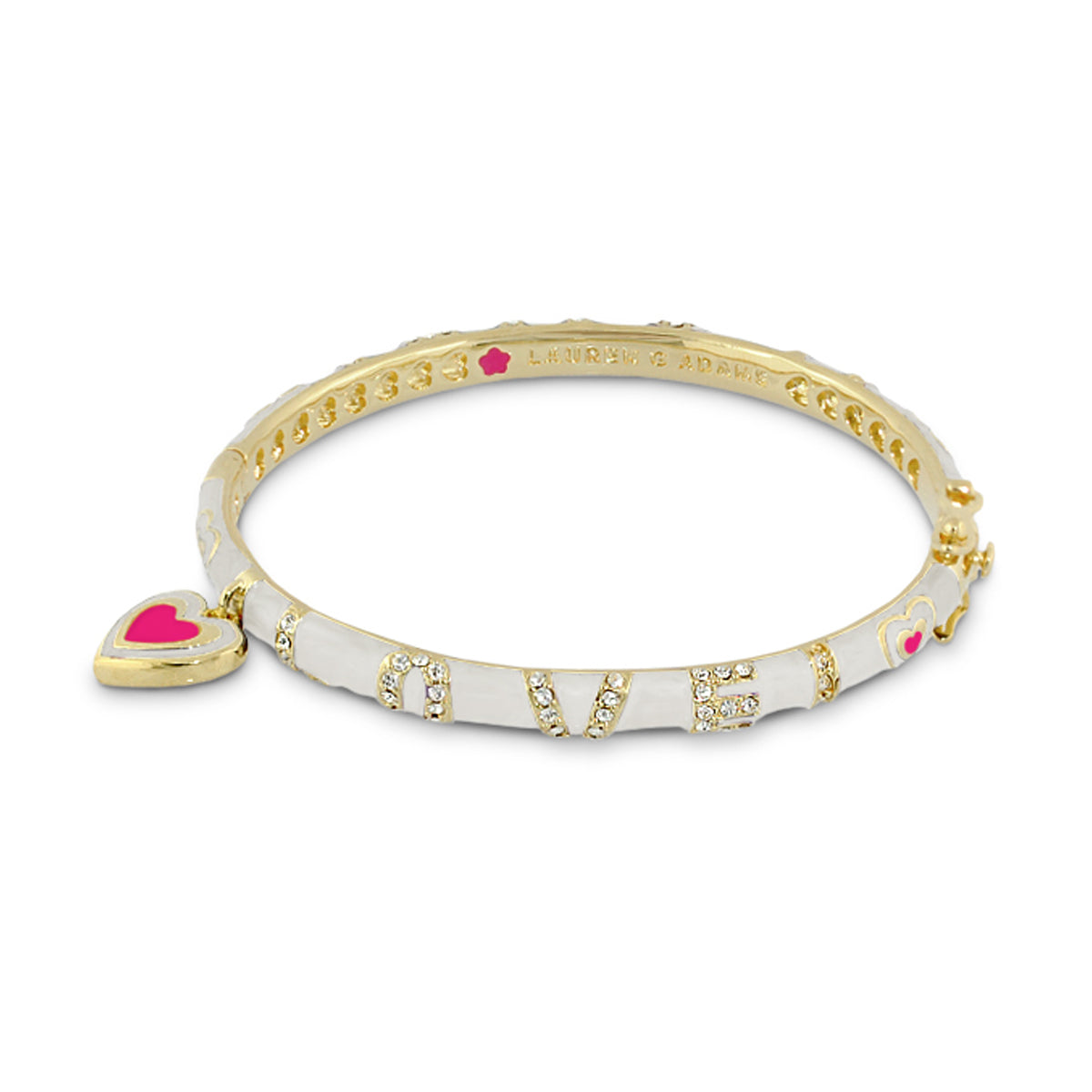 Charming 2 Love Bangle by Lauren G Adams, two-tone bracelet with LOVE letters and heart charm on Tampa Home & Garden Store