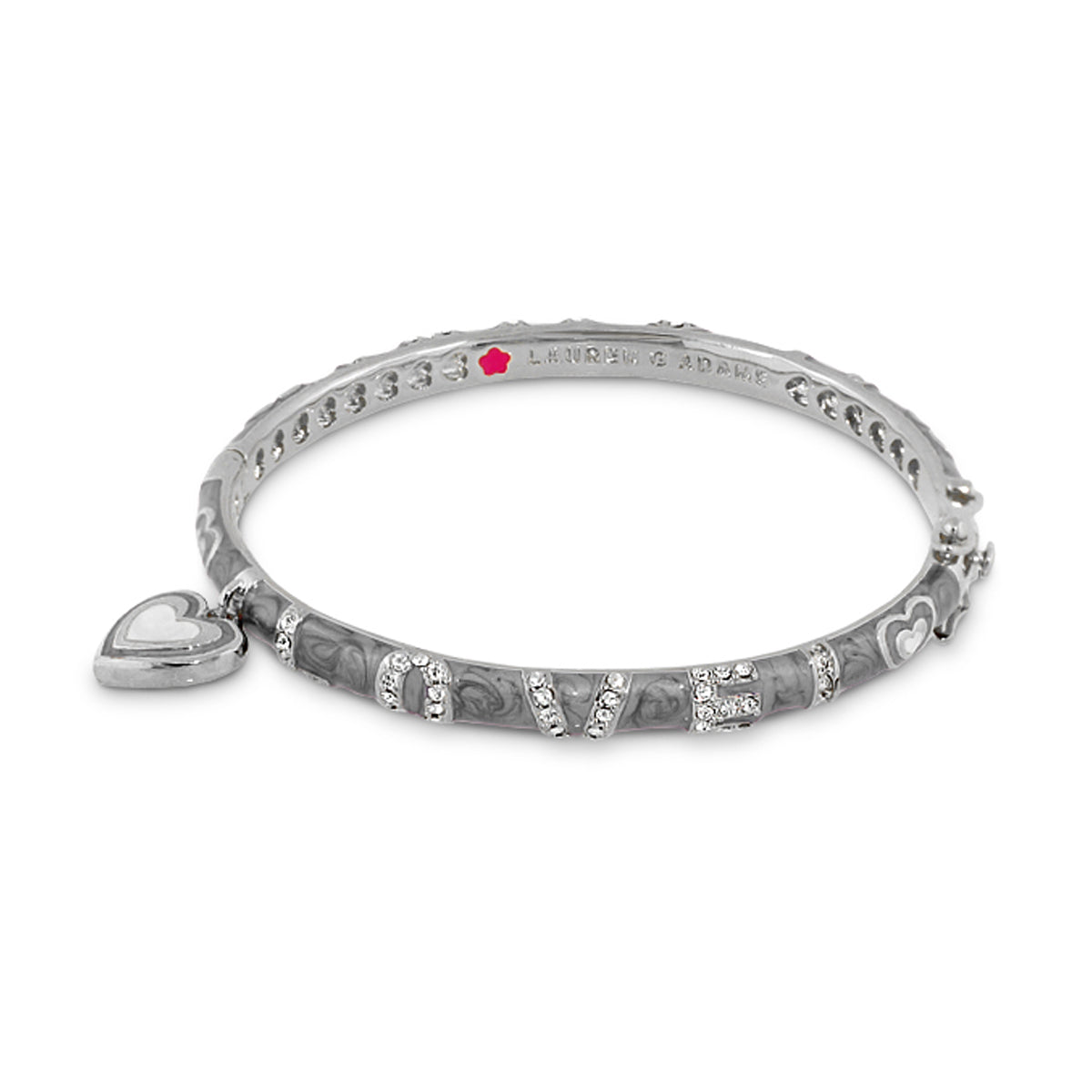 Charming 2 Love Bangle, Lauren G Adams silver bracelet with crystal LOVE letters and heart charm on Tampa Home & Garden Store