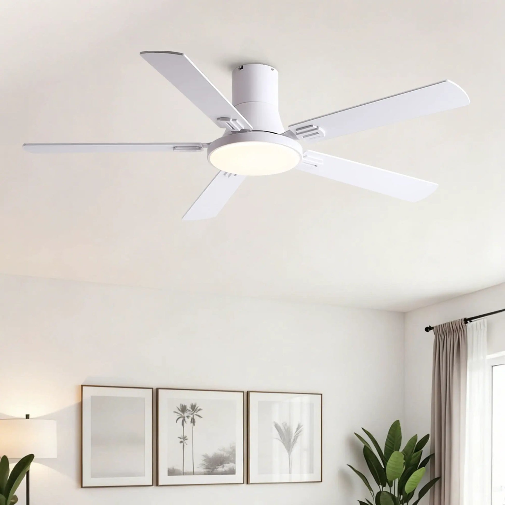 Flush mount ceiling fan with LED light, 5 white blades, remote control by Unique Piece Furniture on Tampa Home & Garden Store