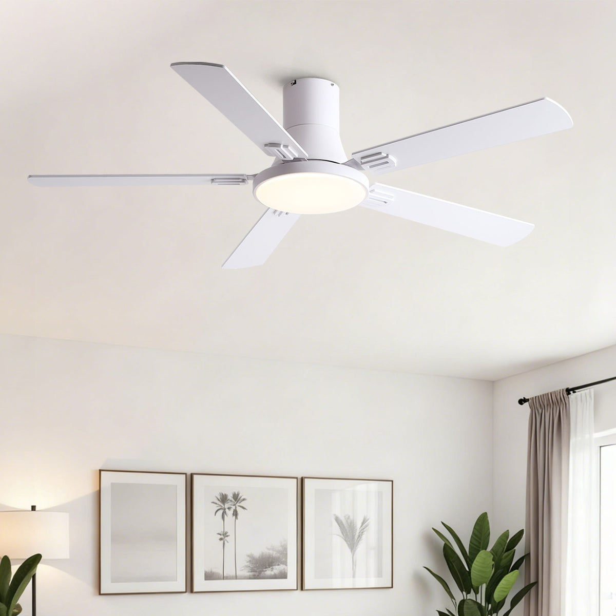 Flush mount ceiling fan with LED light and 5 white blades, white motor housing on Tampa Home & Garden Store