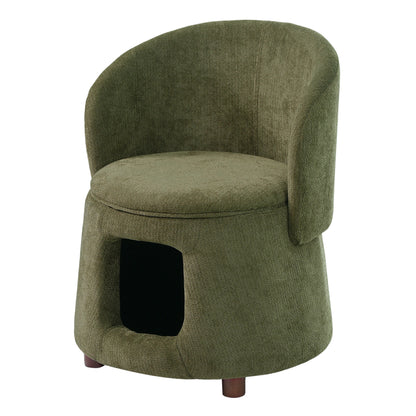 Green pet-friendly chair with hidden pet nook, curved back and wooden legs, olive upholstery on Tampa Home & Garden Store
