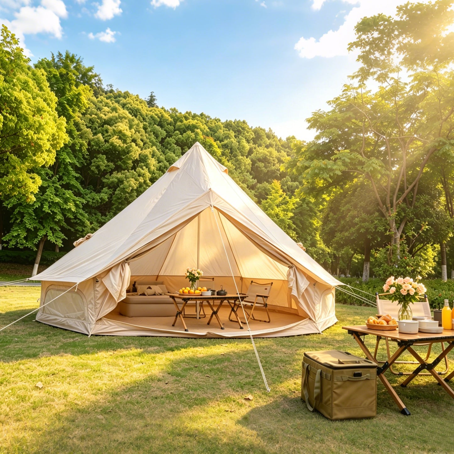 Oxford Bell Tent beige canvas family camping tent with open front dining area on Tampa Home & Garden Store