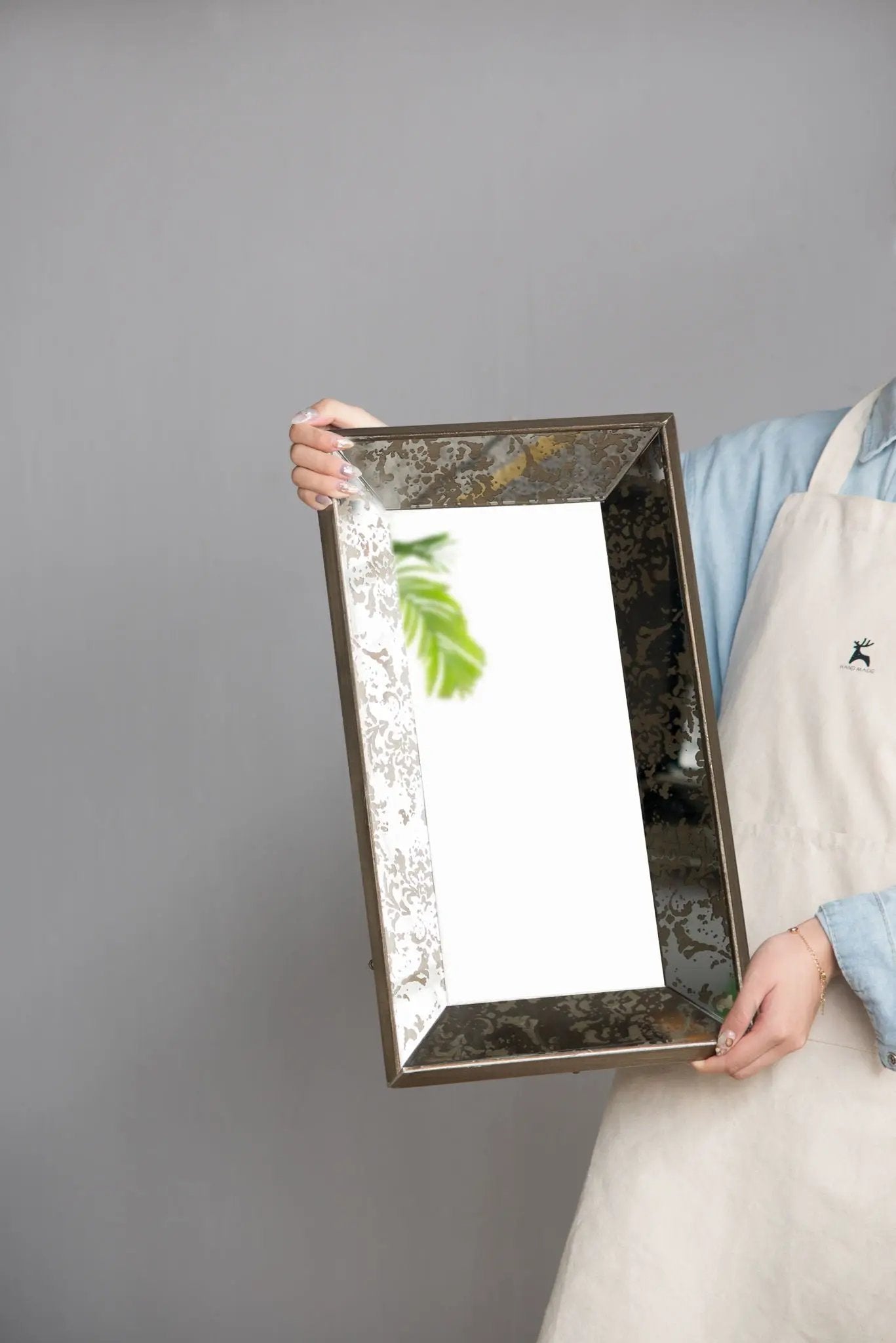Antique rectangle wall mirror with floral etched bronze frame and mirrored display tray on Tampa Home & Garden Store