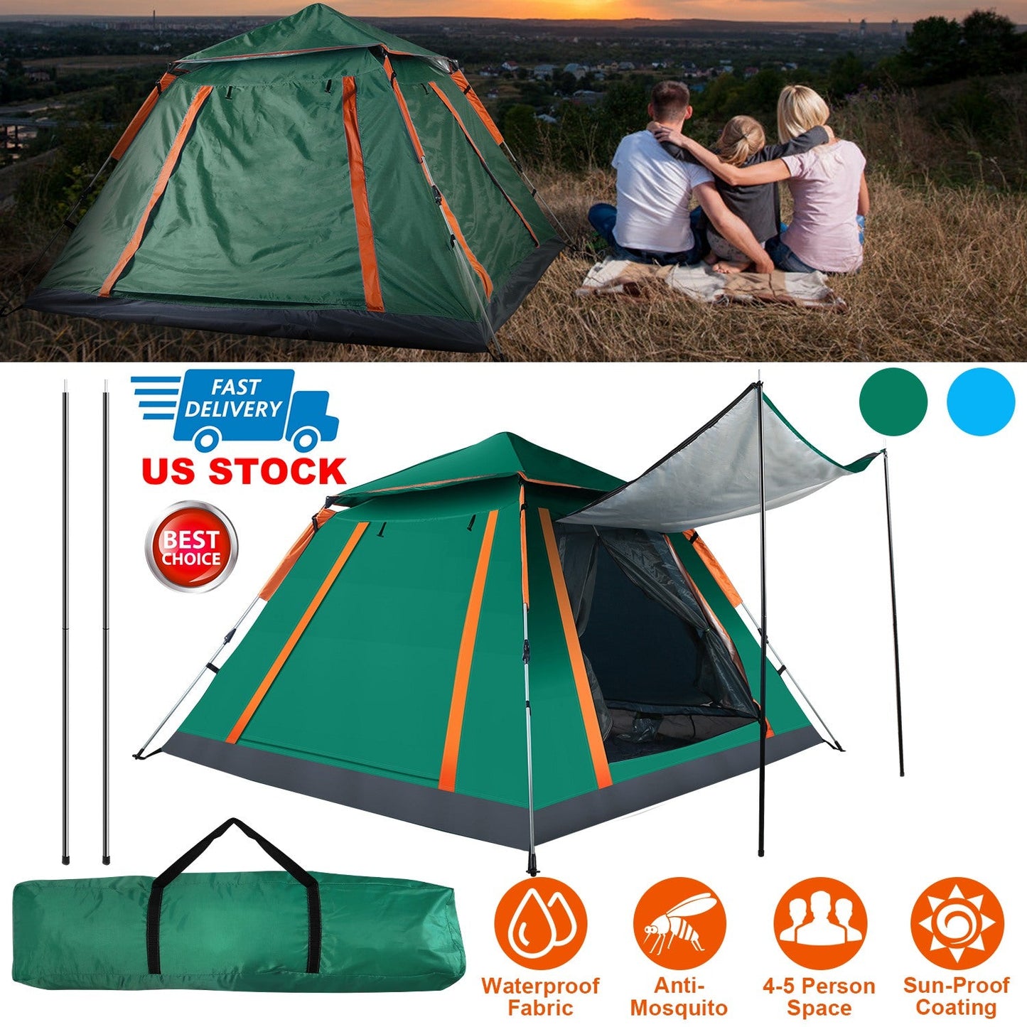 GemGear 4-5 Person Camping Tent green with orange straps, waterproof with carrying bag on Tampa Home & Garden Store