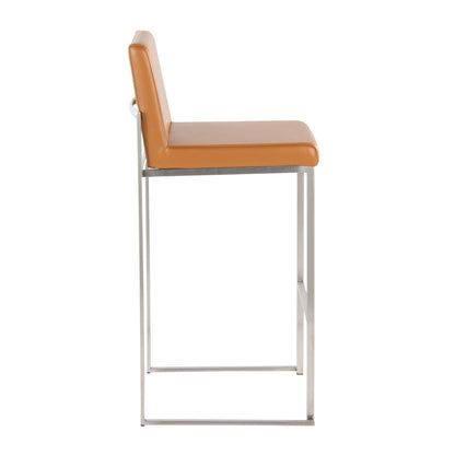 Contemporary high-back barstool with tan upholstered seat and back, metal frame on Tampa Home & Garden Store