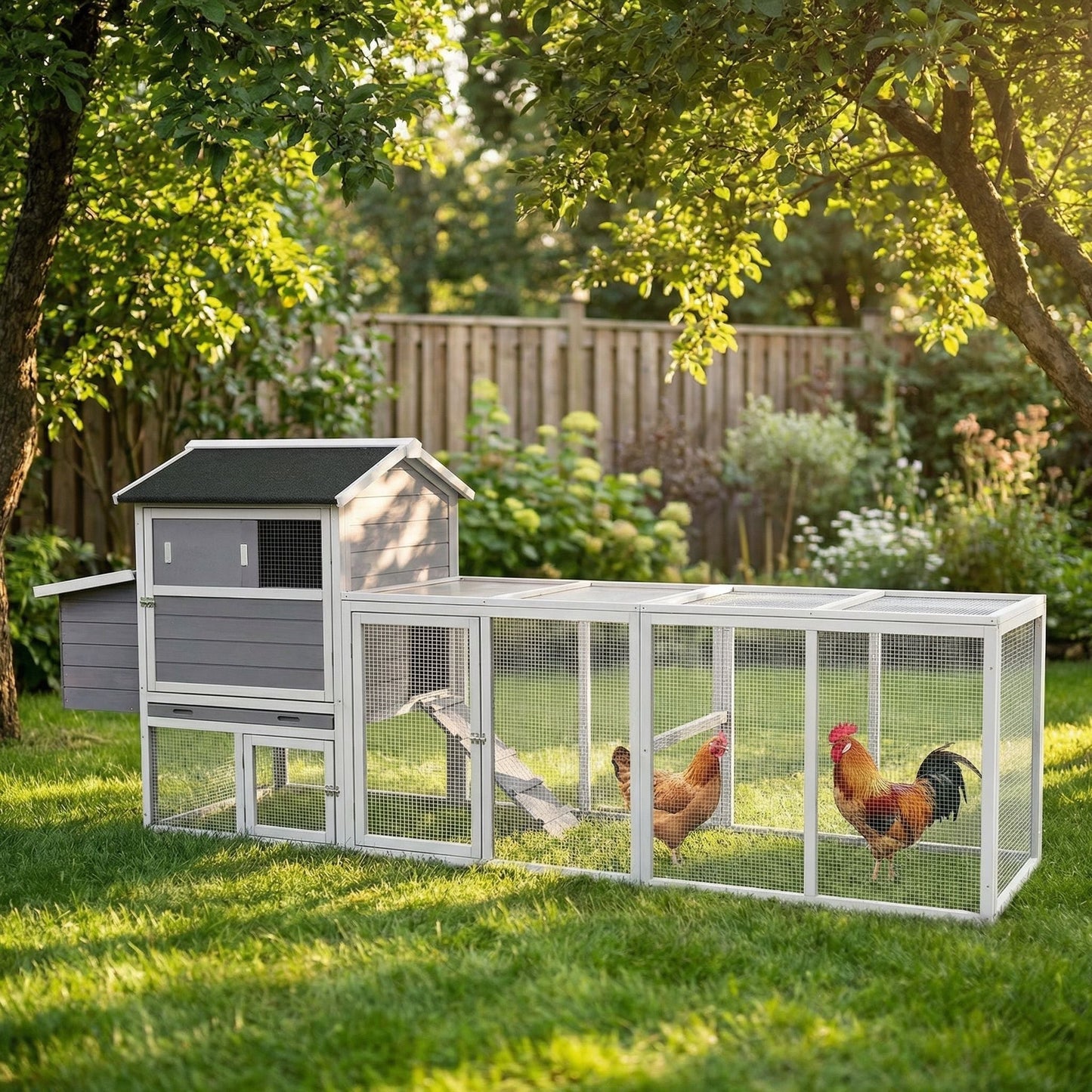 Chicken coop with run and nesting box, gray hutches with wire mesh, chickens in a sunny yard on Tampa Home & Garden Store