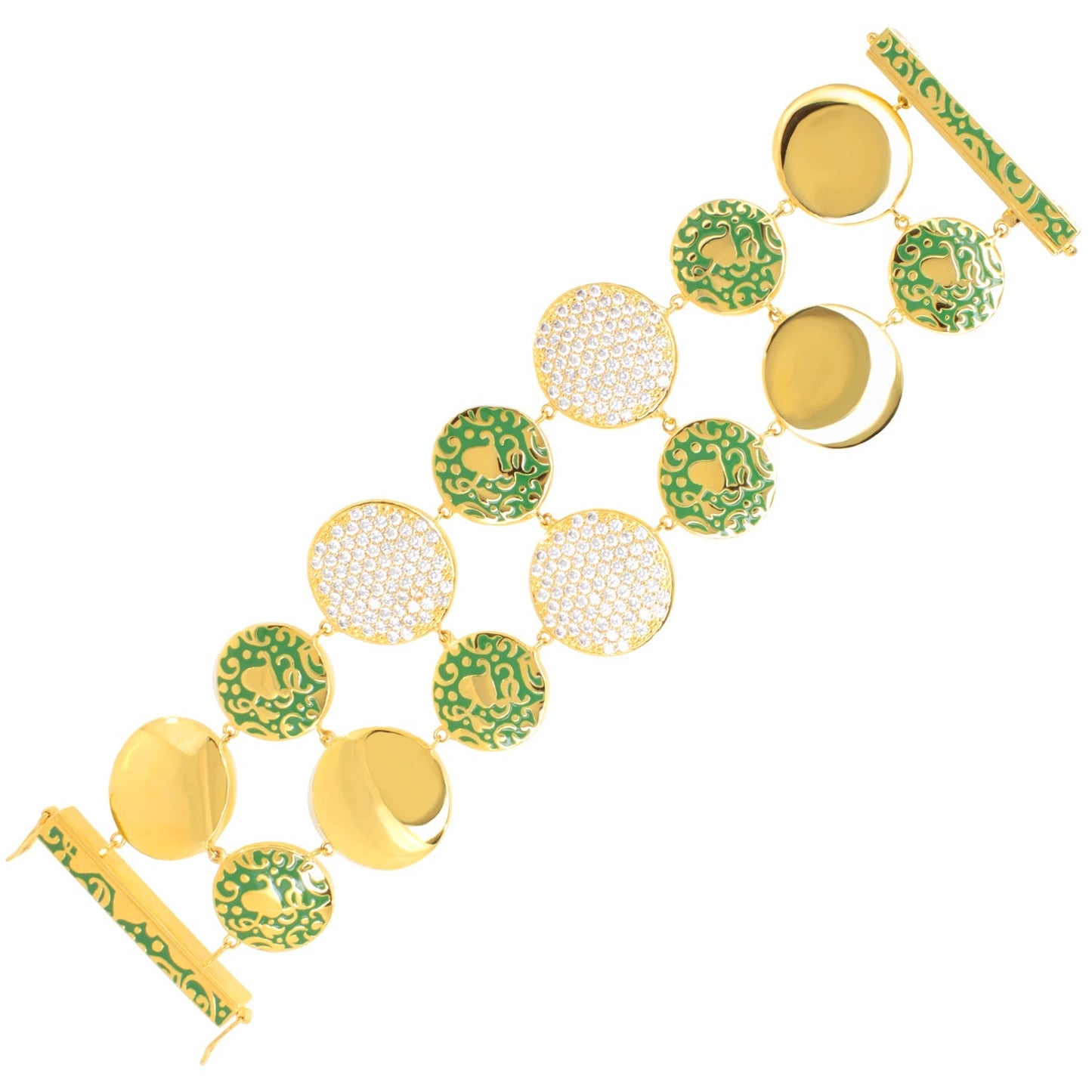 Hidden Hearts Bracelet vintage gold-tone with green enamel circles and pavé discs on Tampa Home & Garden Store