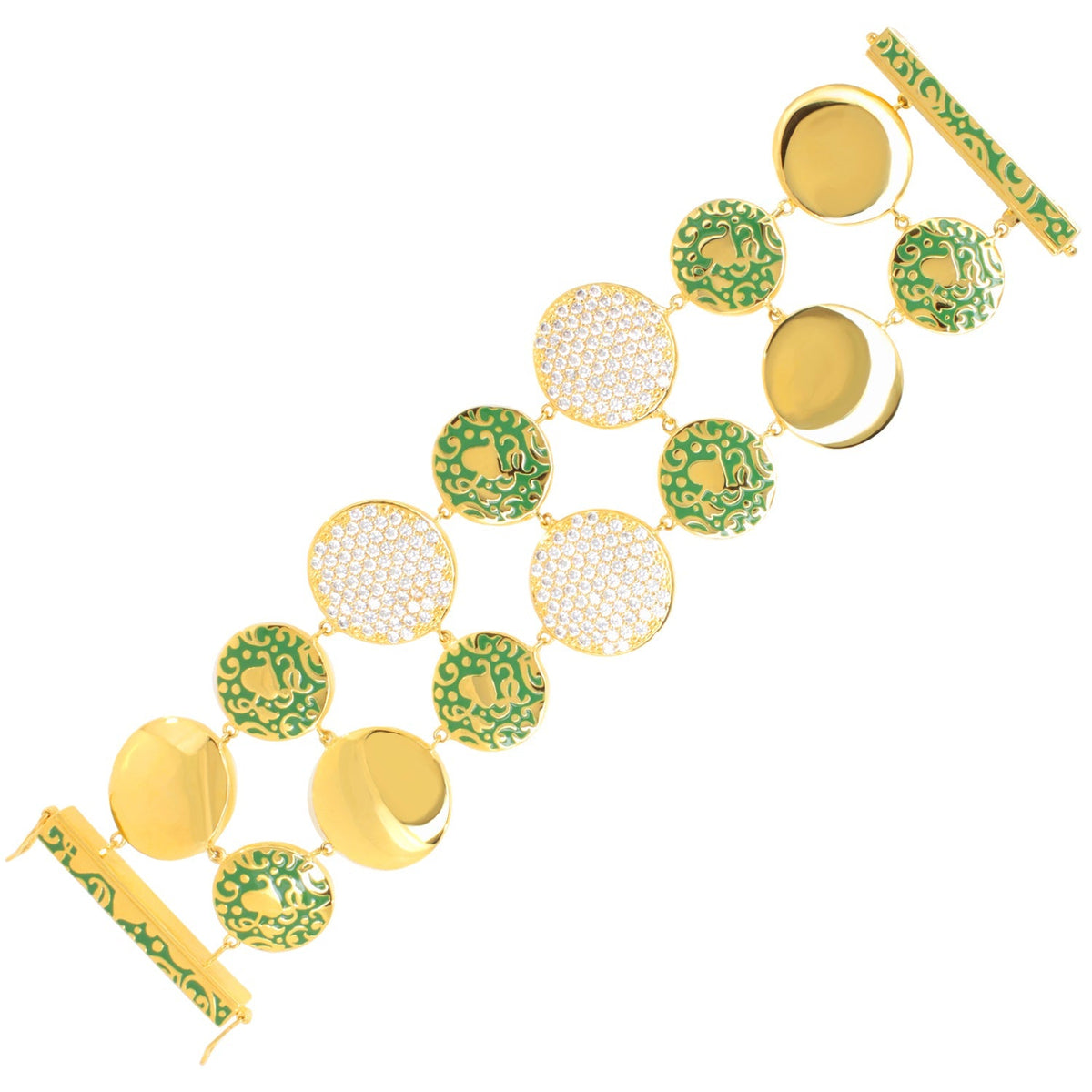 Hidden Hearts Bracelet vintage gold-tone with green enamel circles and pavé discs on Tampa Home & Garden Store