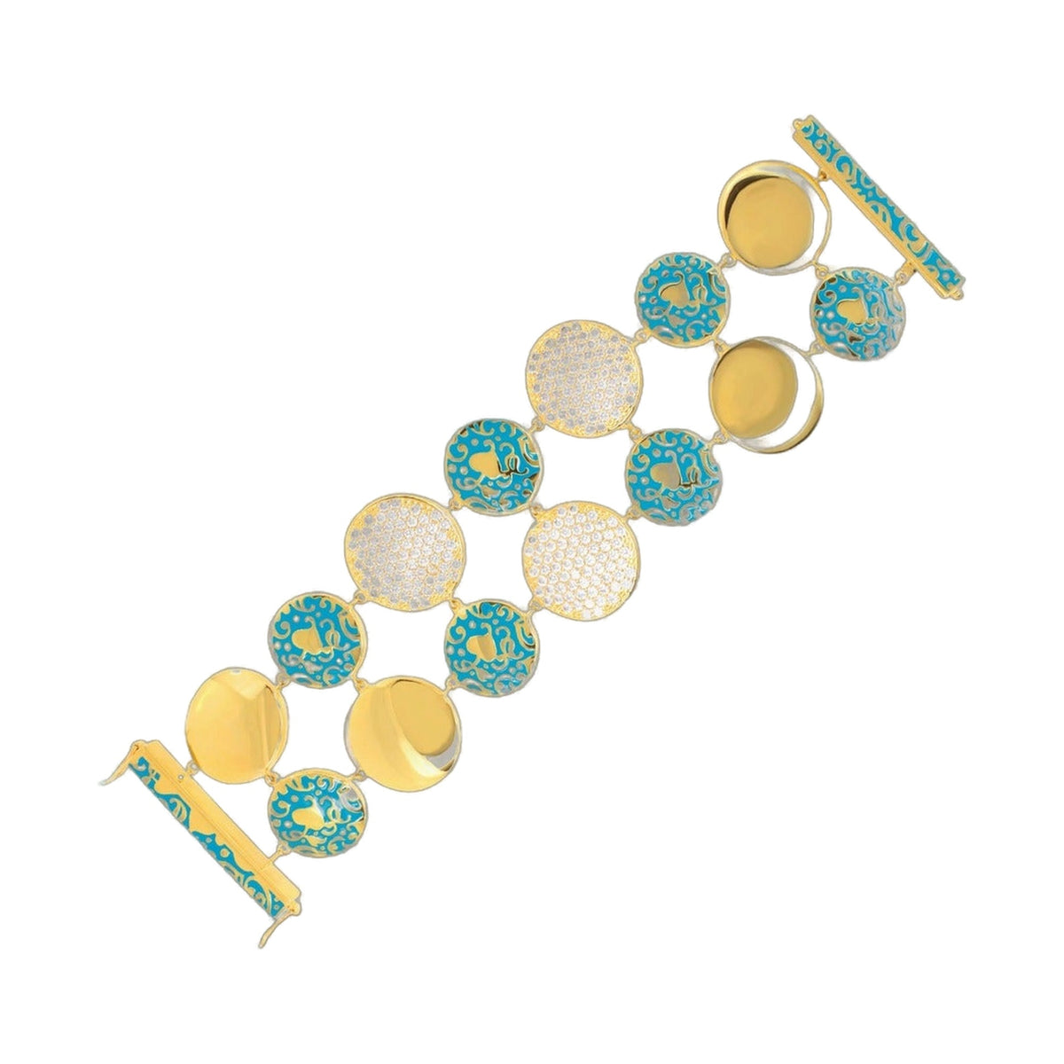 Hidden Hearts Bracelet by Lauren G Adams, gold-tone chain with turquoise filigree rounds on Tampa Home & Garden Store