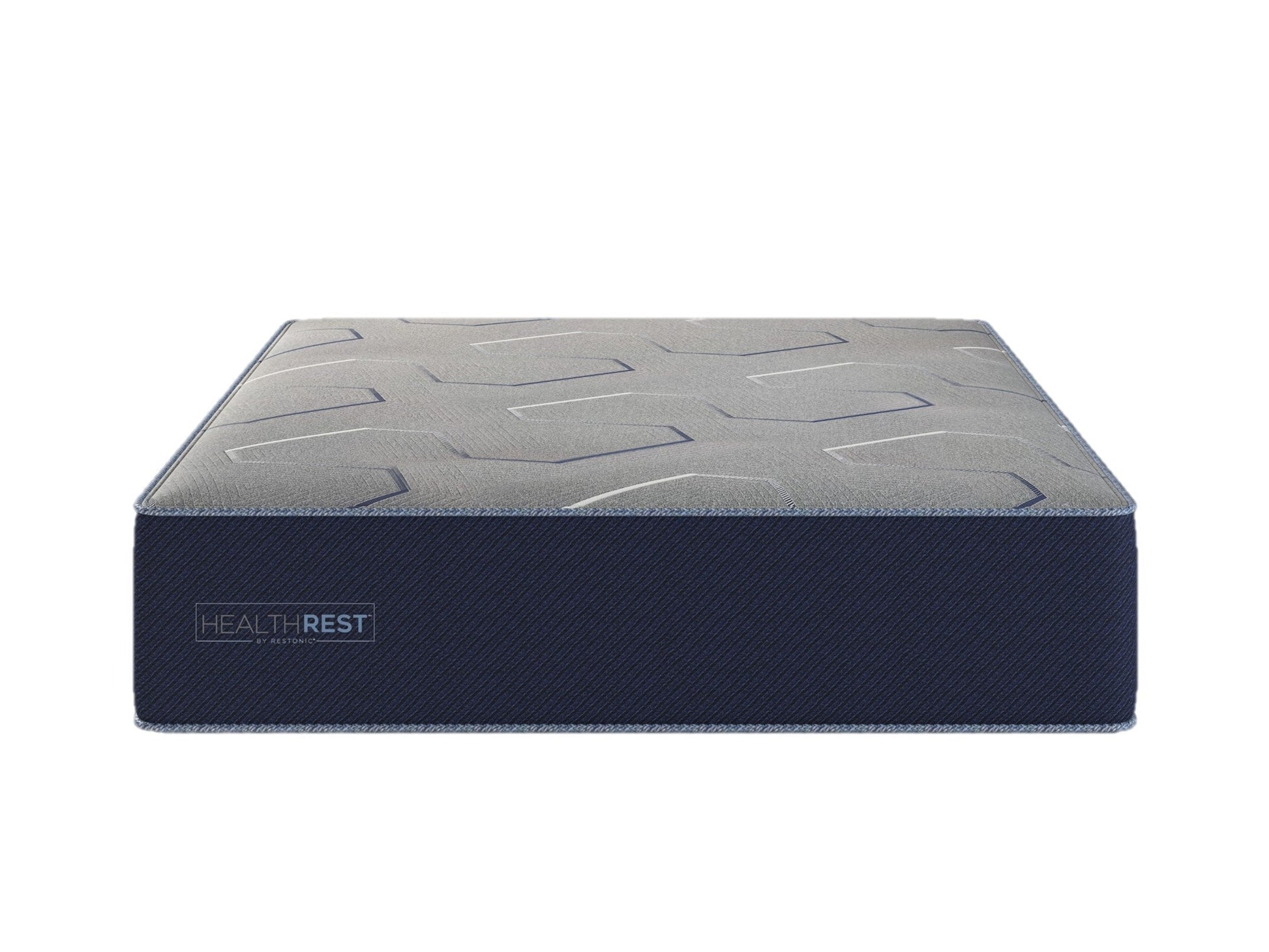 HealthRest by Restonic mattress polar breeze plush with gray geometric top and blue edges on navy box on Tampa Home & Garden Store