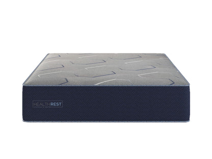 HealthRest by Restonic mattress polar breeze plush with gray geometric top and blue edges on navy box on Tampa Home & Garden Store