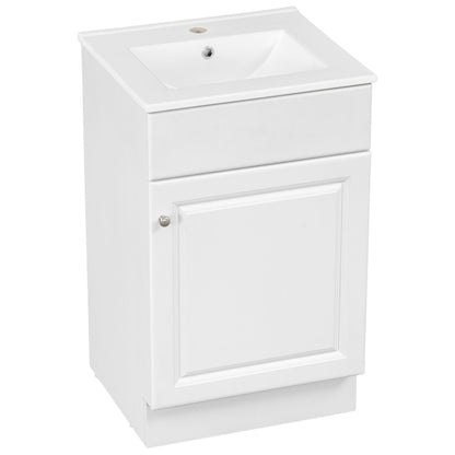 Bathroom vanity with sink and adjustable shelf, white finish, two drawers and a cabinet door with chrome knobs on Tampa Home & Garden Store