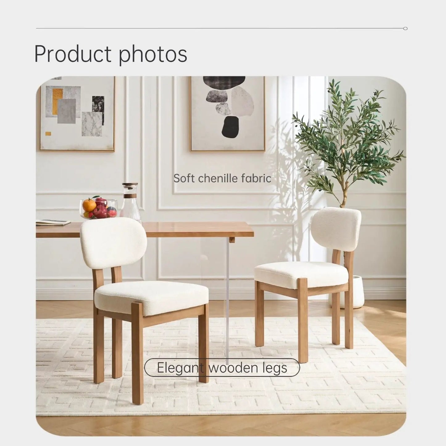 Dining chairs with ergonomic backrests and wood legs in beige chenille fabric set of 2 on Tampa Home & Garden Store