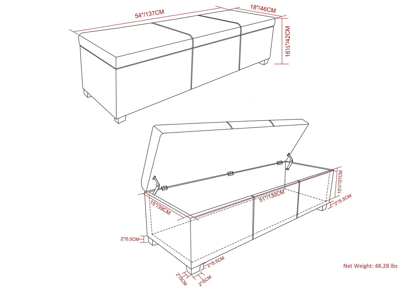 Avalon storage ottoman bench by Unique Piece Furniture, 54in long with lid storage on Tampa Home & Garden Store