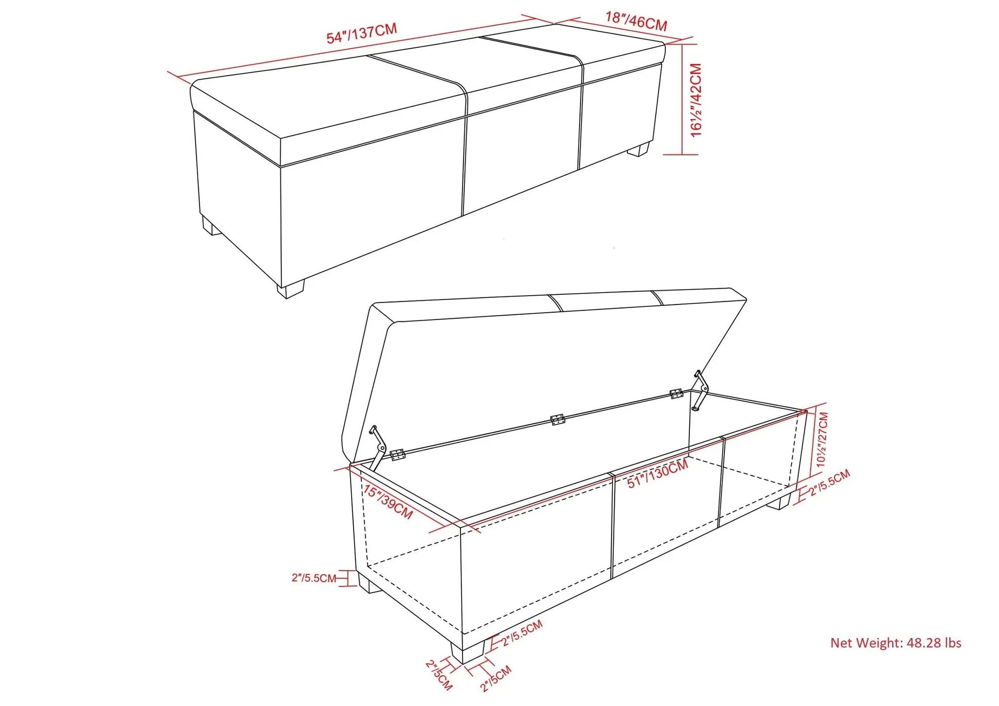 Avalon storage ottoman bench by Unique Piece Furniture, 54in long with lid storage on Tampa Home & Garden Store