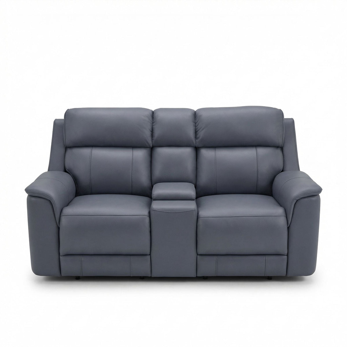 Dual Power Reclining Loveseat with Center Console in gray-blue faux leather HouseOfZazla on Tampa Home & Garden Store