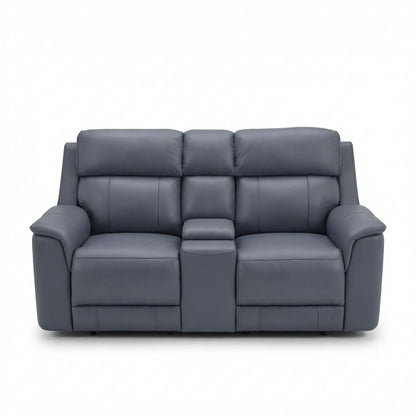 Dual Power Reclining Loveseat with Center Console in gray-blue faux leather HouseOfZazla on Tampa Home & Garden Store