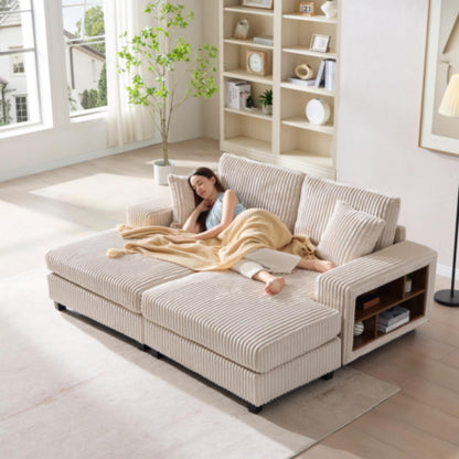 Convertible sectional sleeper sofa in beige striped fabric with cushions on Tampa Home & Garden Store