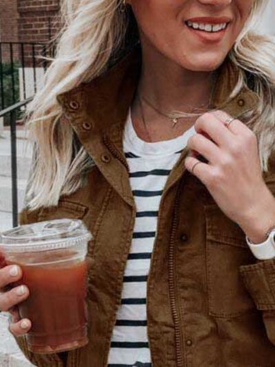 Retro Pocketed Long Sleeve Zip-Up Jacket brown Stevvex outerwear for everyday wear on Tampa Home & Garden Store