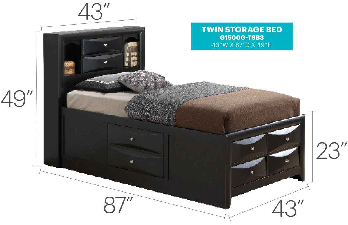 Twin storage bed with bookcase headboard black finish multiple under-bed drawers HouseOfZazla on Tampa Home & Garden Store